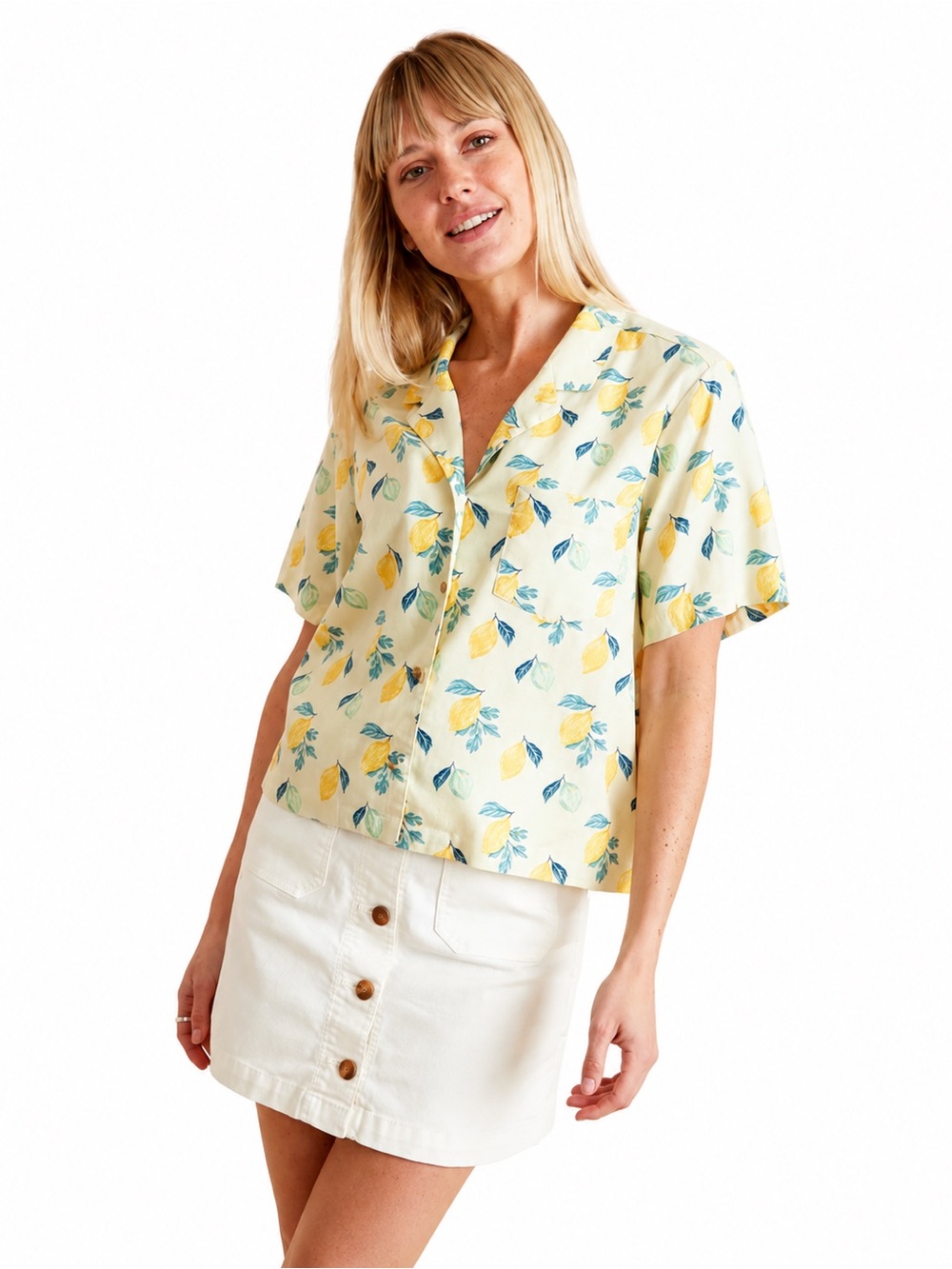 Marine Layer Light Yellow Lemon Print Short Sleeve Lucy Resort Shirt